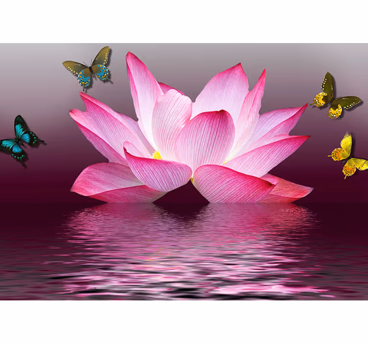 Toile fenêtre chambre fleur de lotus rose et papillons - TenStickers