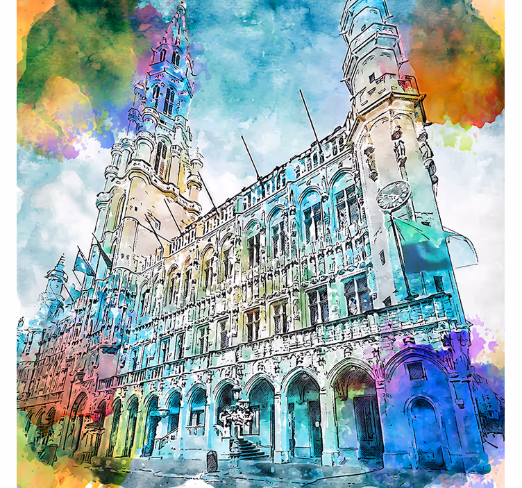 Toile fenêtre salon aquarelle grand place bruxelles - TenStickers
