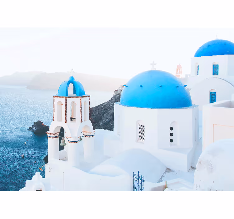 Toile blanche fenêtre maisons blanches et bleues de santorin - TenStickers