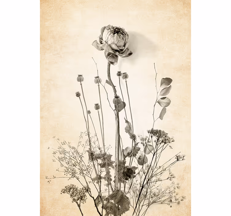 Toile fenêtre chambre bouquet de fleurs sur fond beige - TenStickers