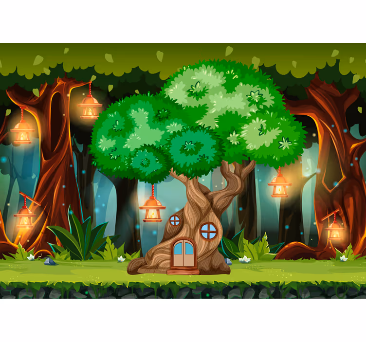 Toile fenêtre chambre enfant maison arbre féerique lanternes - TenStickers