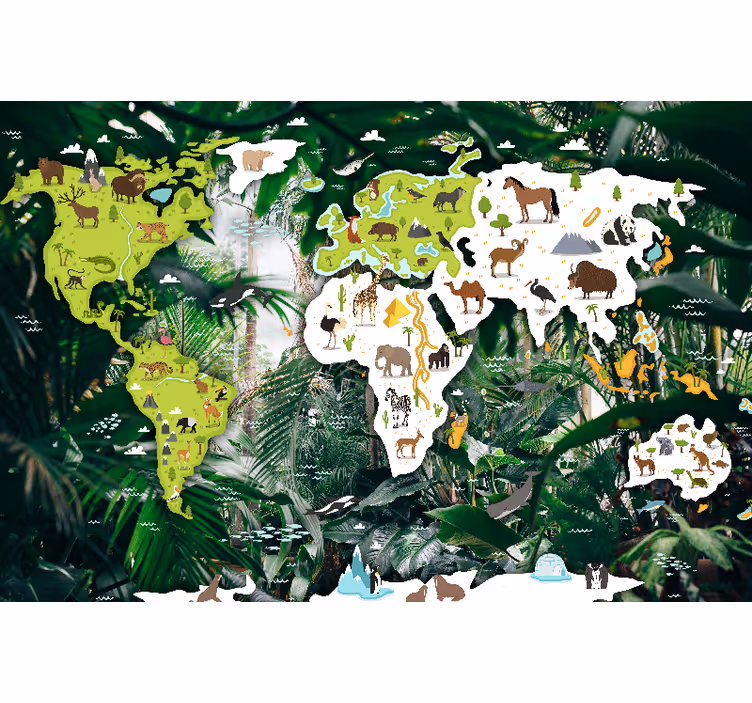 Toile fenêtre chambre enfant carte du monde safari - TenStickers