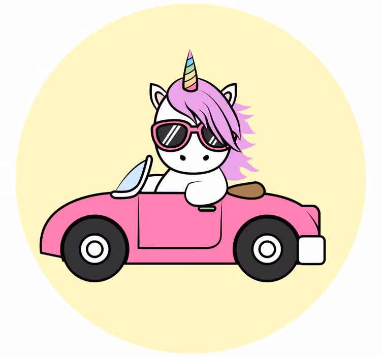 Toile fenêtre chambre enfant licorne cool en voiture - TenStickers