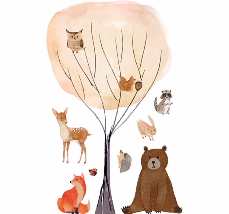 Toile fenêtre chambre enfant animaux de la forêt et arbre - TenStickers