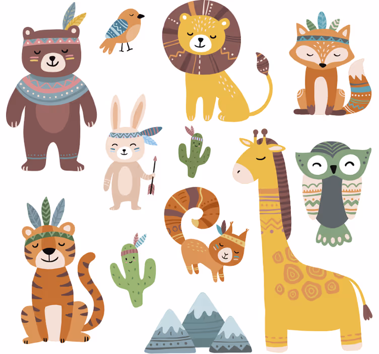 Toile fenêtre chambre enfant animaux tribaux amusants - TenStickers