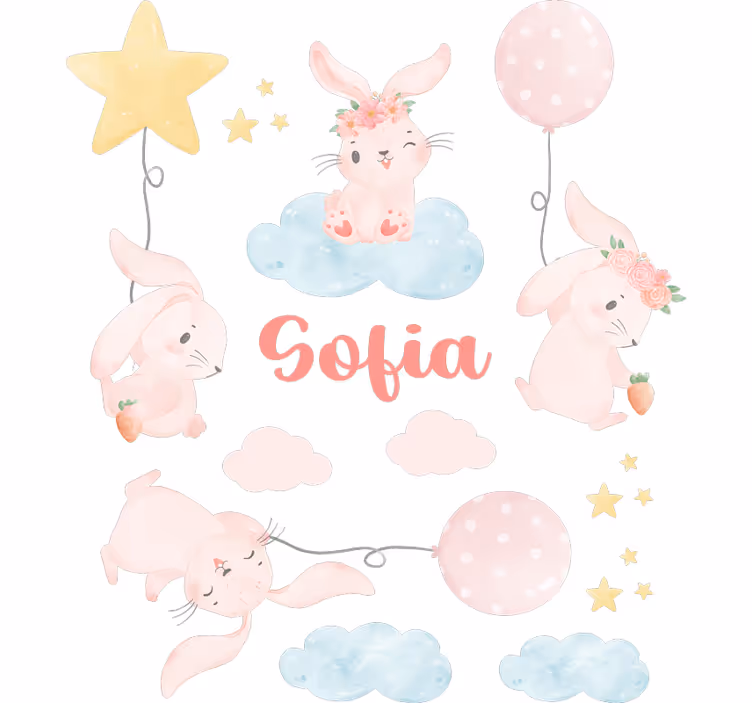 Toile fenêtre chambre enfant ballons roses avec lapins - TenStickers