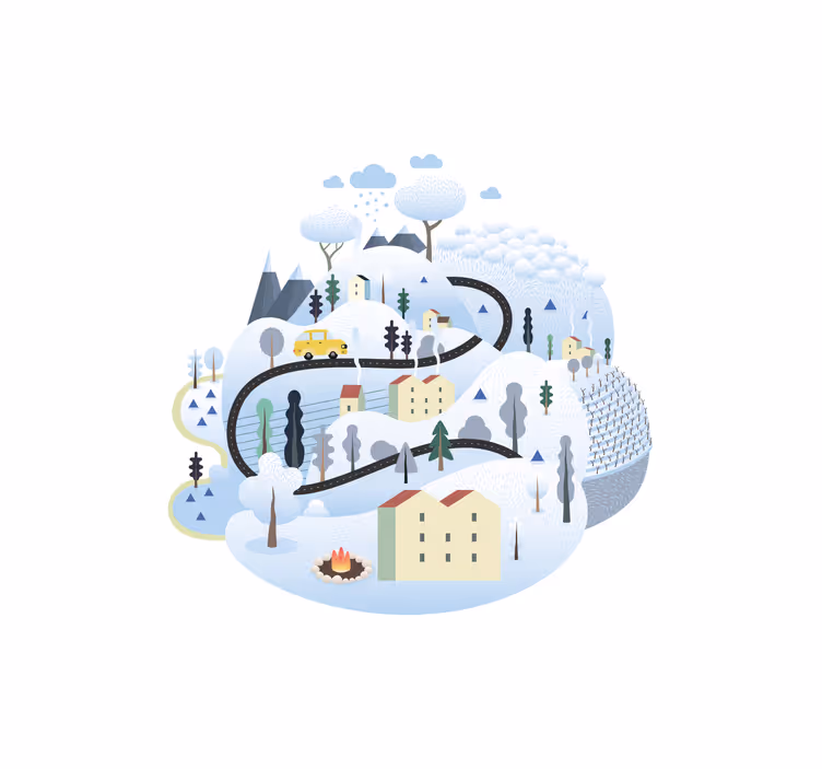 Toile fenêtre chambre enfant village gris avec montagnes - TenStickers