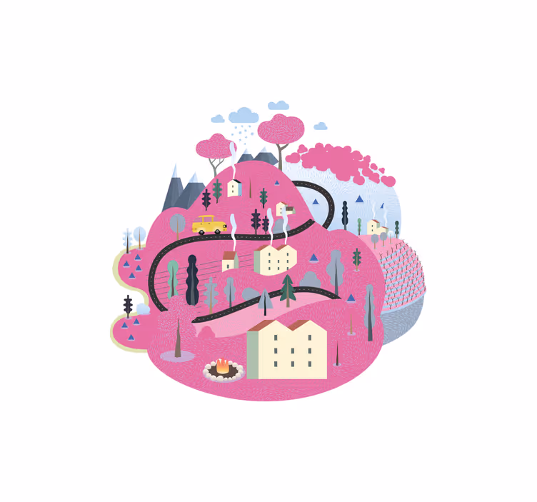 Toile fenêtre chambre enfant montagnes roses avec maisons - TenStickers