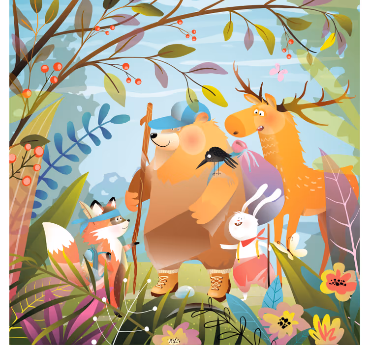Toile fenêtre chambre enfant amis animaux en forêt - TenStickers