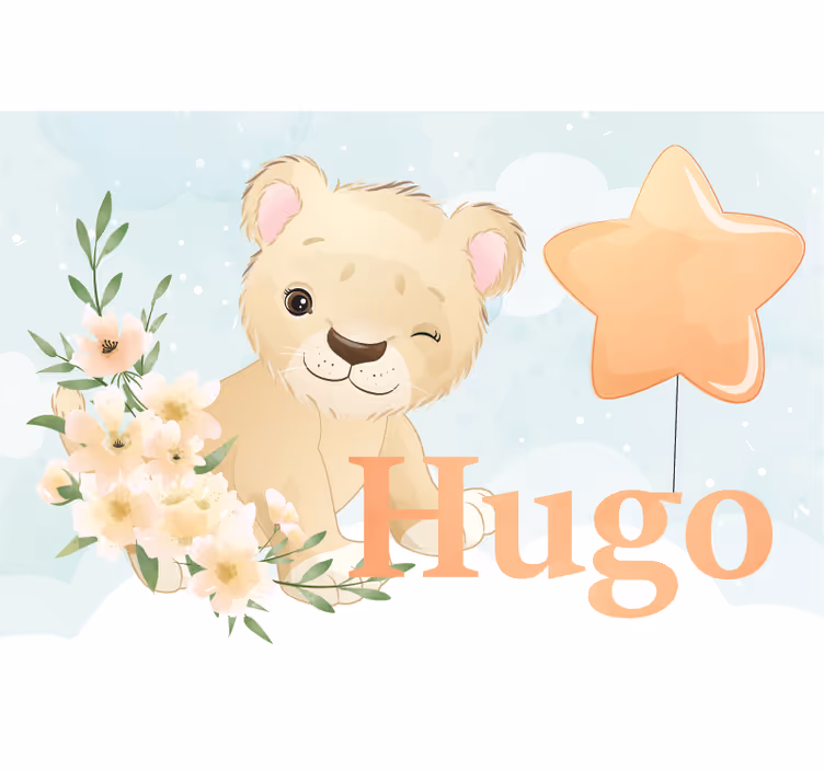Toile fenêtre chambre enfant lion mignon avec prénom - TenStickers