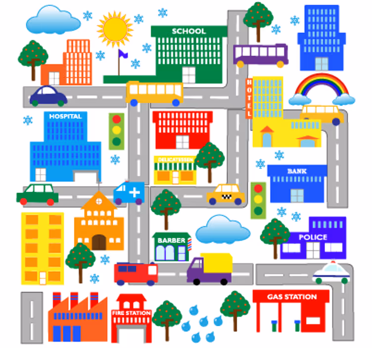 Toile fenêtre chambre enfant ville animée - TenStickers