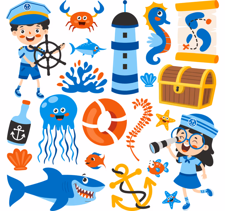 Toile fenêtre chambre enfant pirate et vie marine - TenStickers