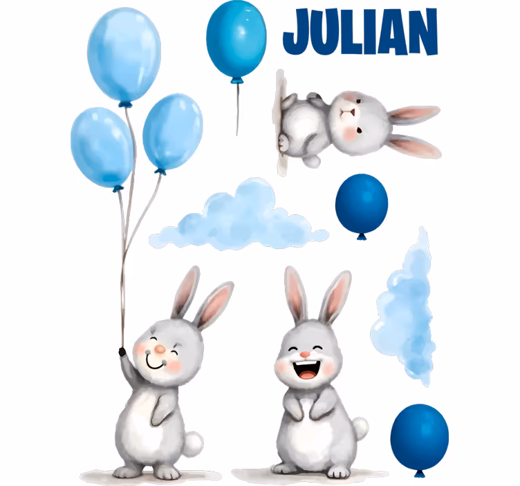 Toile fenêtre chambre enfant ballons bleus et lapins - TenStickers