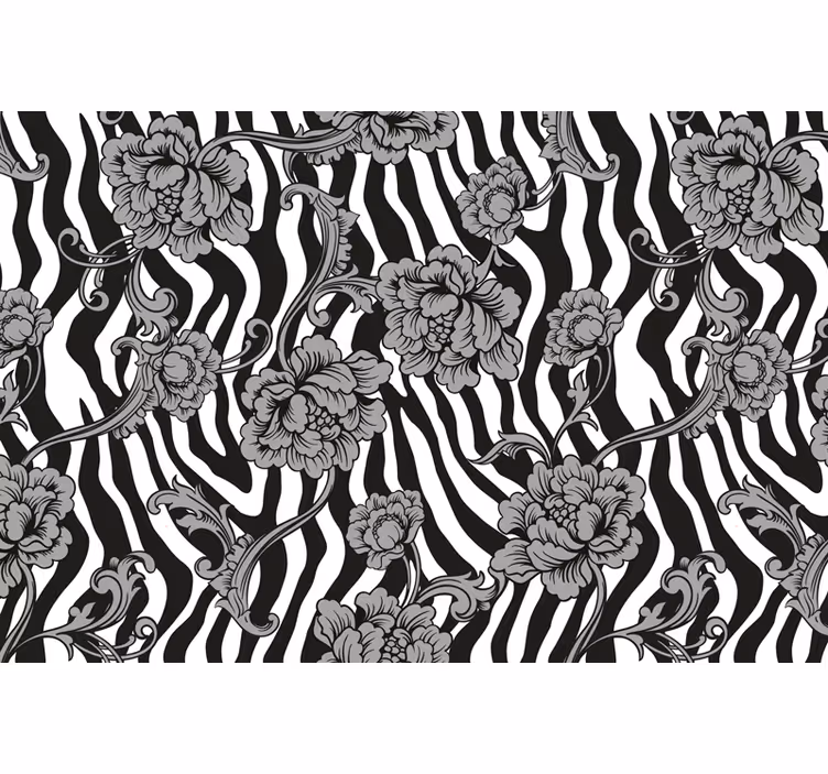 Toile noire fenêtre motif zèbre et fleurs ornementales - TenStickers