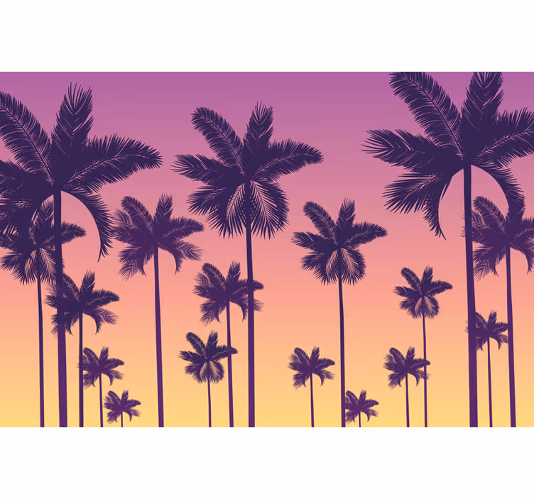 Toile fenêtre violet palmiers au coucher de soleil - TenStickers