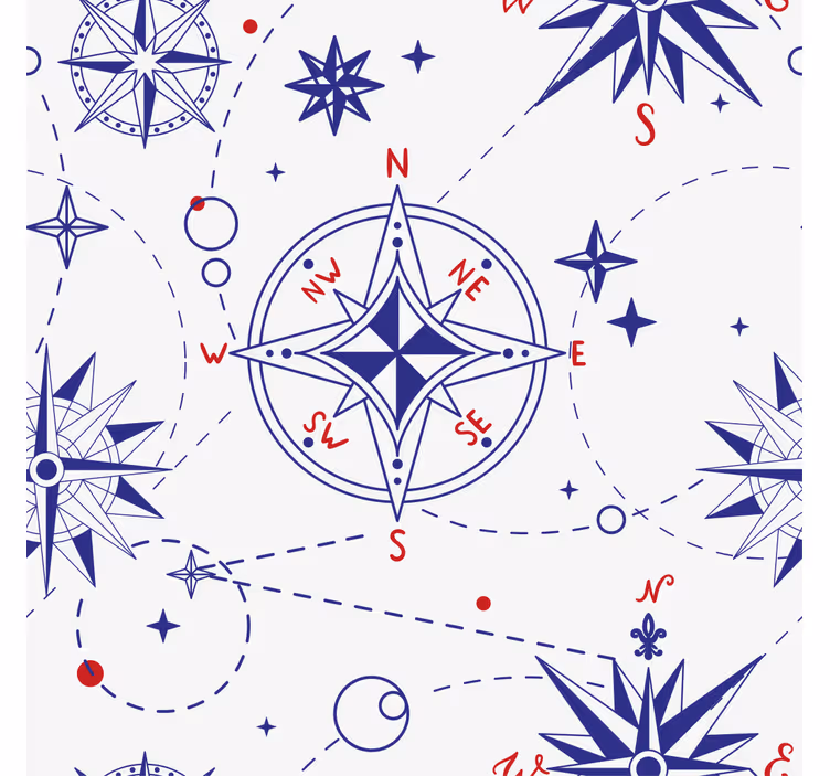 Toile fenêtre salle de bain boussole bleu marine et rouge - TenStickers