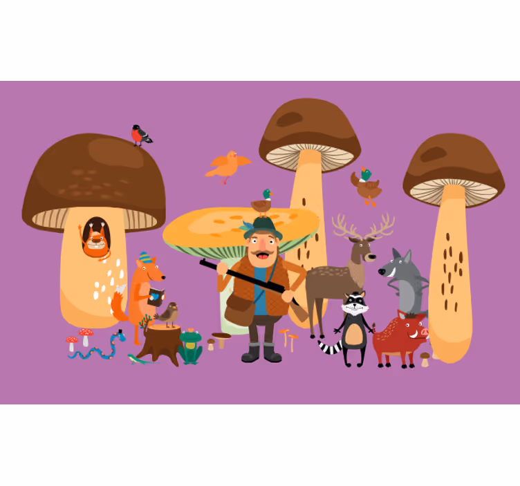 Toile fenêtre amusant oiseaux dans la forêt de champignons - TenStickers