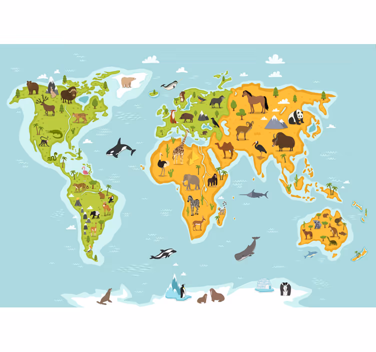 Toile fenêtre carte du monde faune et flore - TenStickers