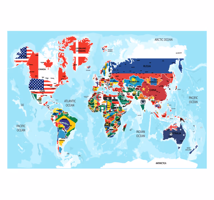 Toile fenêtre carte du monde drapeaux de pays - TenStickers