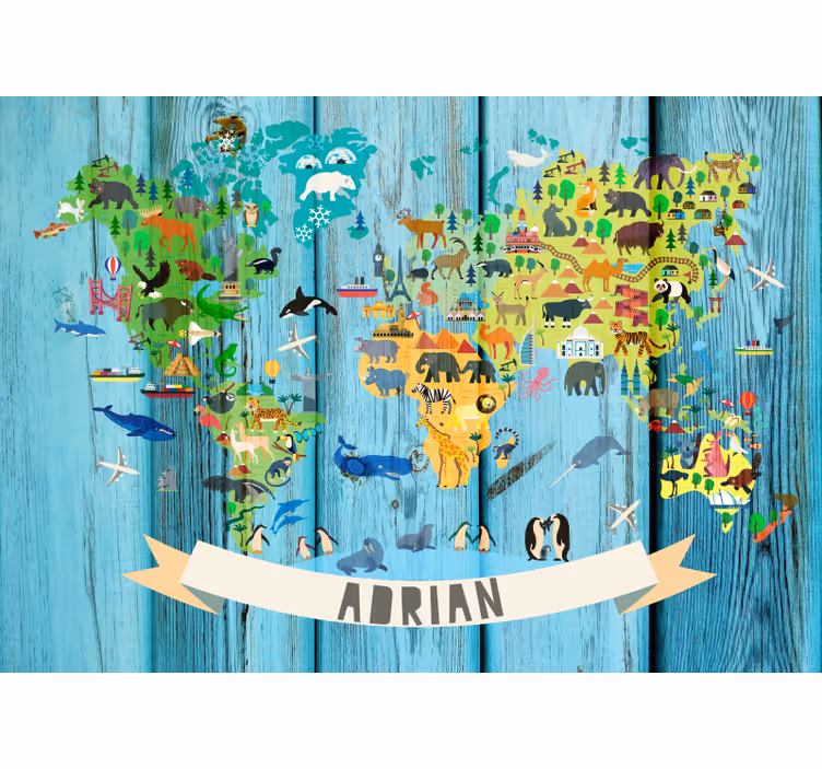 Toile fenêtre carte du monde carte politique bleue enfants - TenStickers