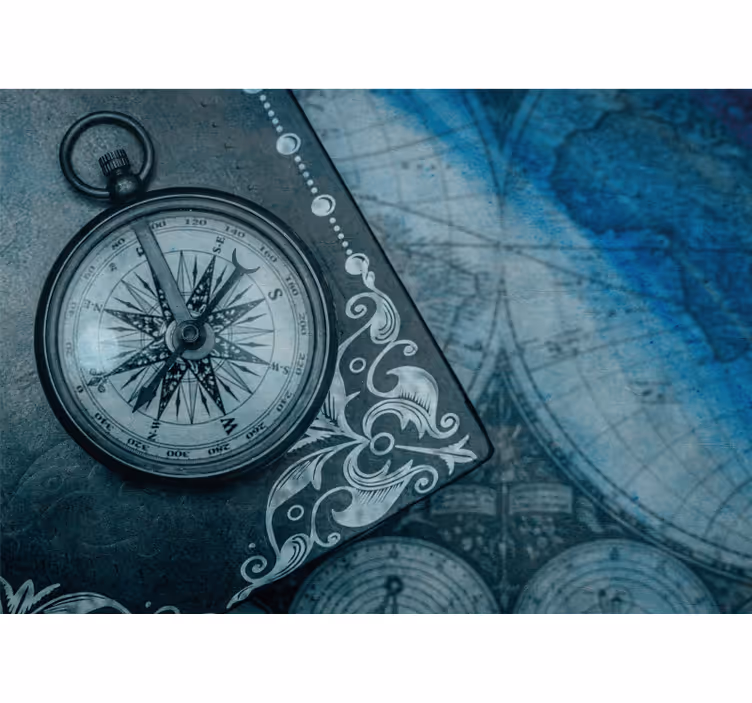 Toile fenêtre carte du monde boussole ancienne bleue - TenStickers