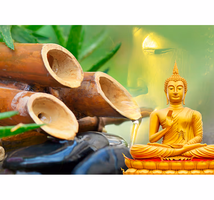 Toile fenêtre zen avec bouddha doré et bambou - TenStickers