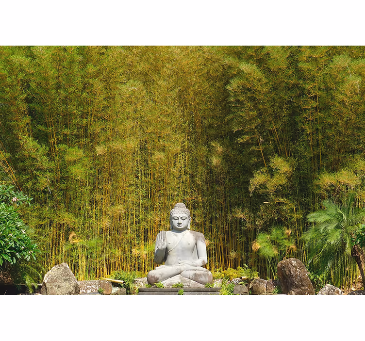 Toile fenêtre zen bouddha gris contemplant la nature - TenStickers