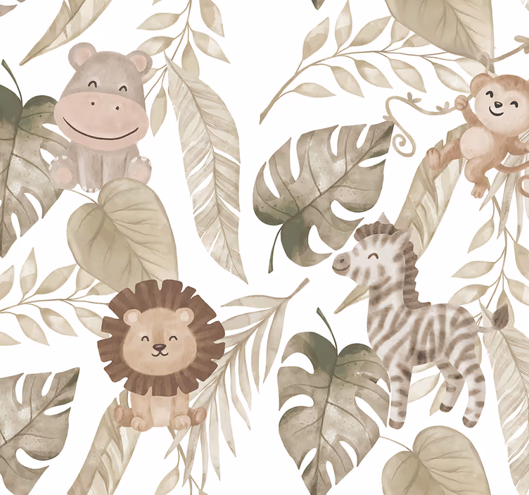 Toile fenêtre chambre bébé motif jungle beige - TenStickers