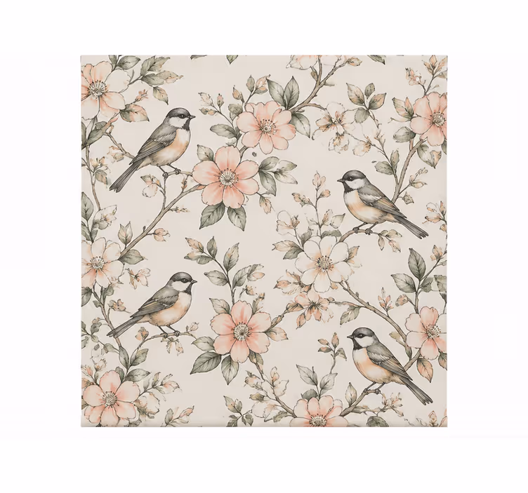 Toile fenêtre orange motif croquis oiseaux et fleurs - TenStickers