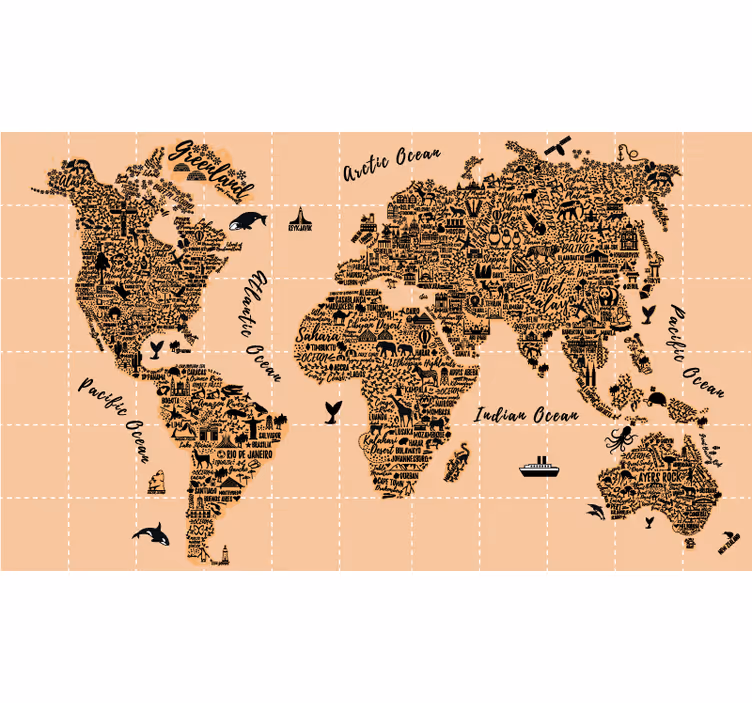 Toile fenêtre carte du monde monuments emblématiques - TenStickers