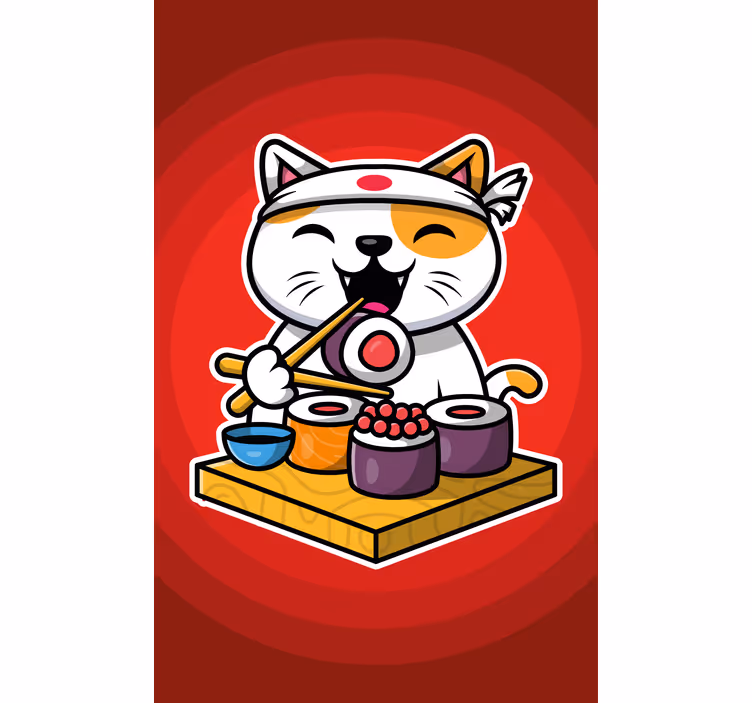 Toile fenêtre animaux sushi chat heureux - TenStickers