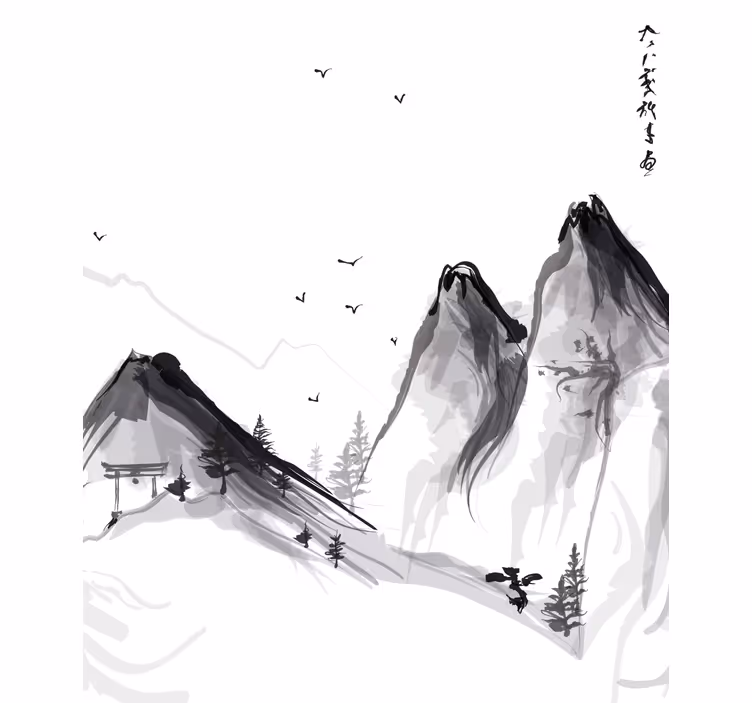Toile fenêtre salon hiver japonais avec montagnes - TenStickers