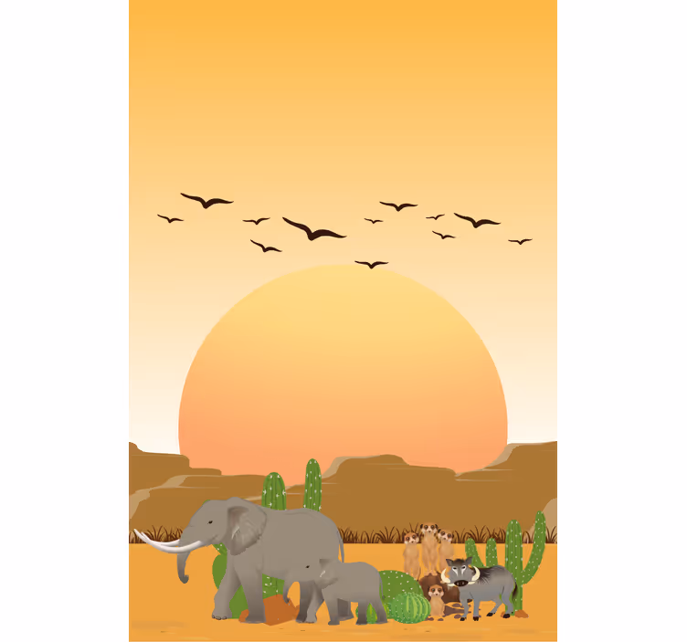 Toile fenêtre animaux scène de coucher de soleil en savane - TenStickers