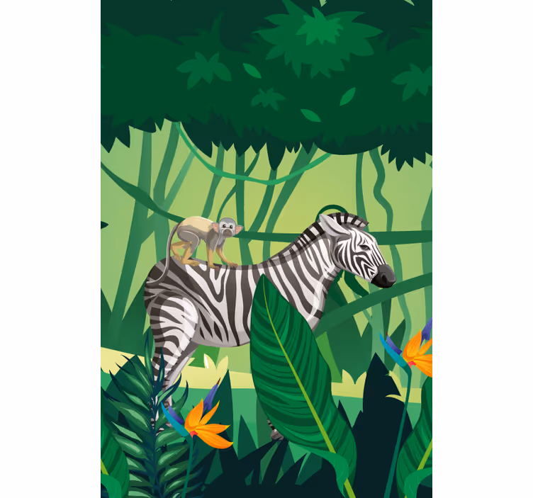 Toile fenêtre animaux zèbre avec singe - TenStickers