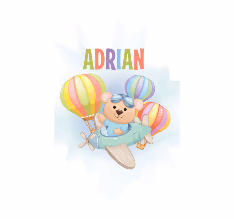 Toile fenêtre chambre enfant ours dans un avion avec son nom - TenStickers