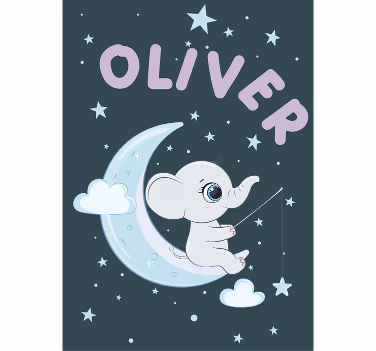 Toile fenêtre chambre bébé éléphant lune avec nom - TenStickers