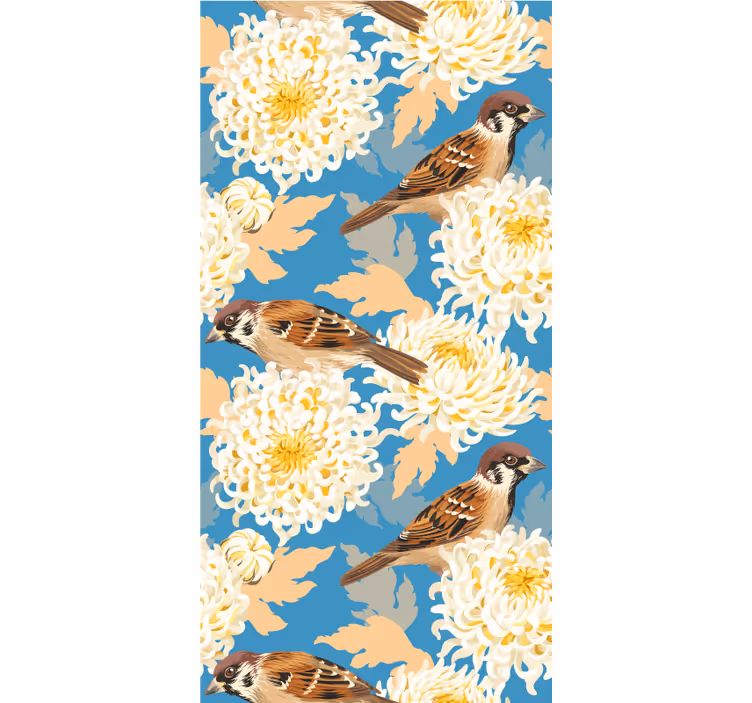 Toile fenêtre animal fleurs colorées et moineaux - TenStickers