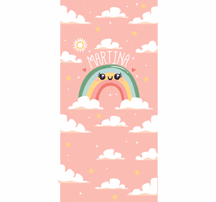 Toile fenêtre chambre enfant motif arc-en-ciel rose avec nom - TenStickers