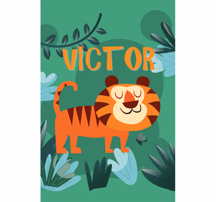 Toile fenêtre chambre enfant tigre heureux avec nom - TenStickers