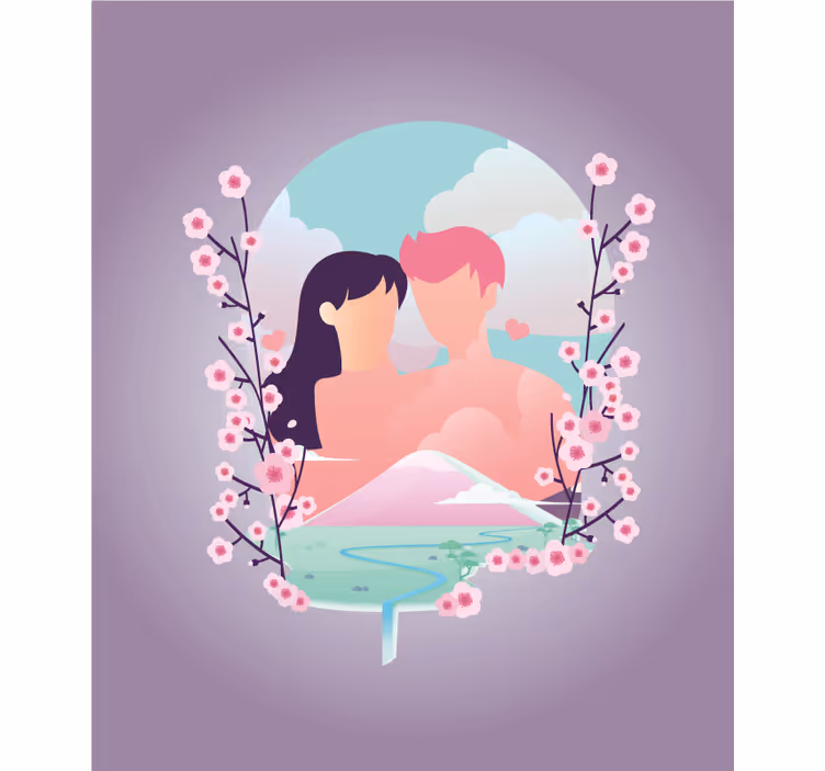 Toile fenêtre romantique couple au milieu des fleurs - TenStickers