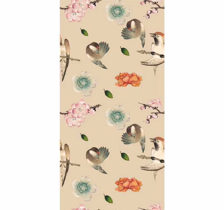 Toile fenêtre fleurs et plantes motif aviaire beige - TenStickers