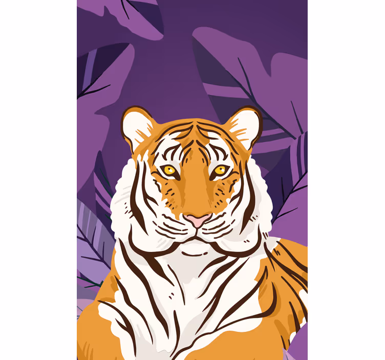 Toile fenêtre animaux portrait de tigre avec des feuilles - TenStickers