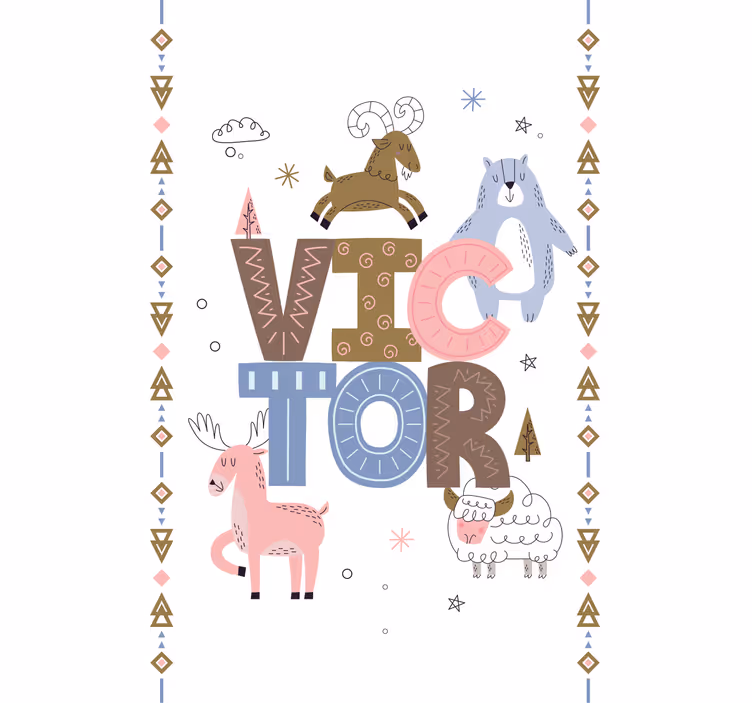 Toile fenêtre nordique design animalier enfant avec nom - TenStickers