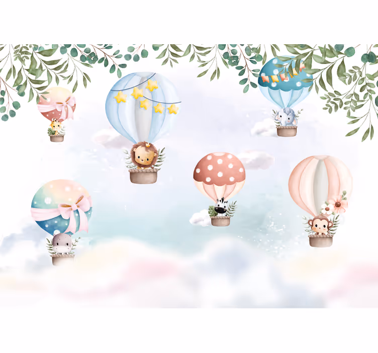 Tapisserie chambre bébé animaux en montgolfière - TenStickers