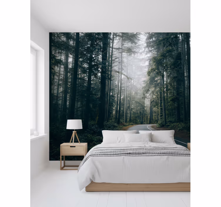 Tapisserie forêt chemin de pins brumeux - TenStickers