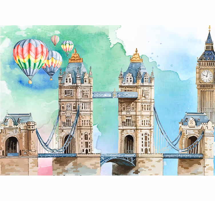 Tapisserie murale Londres aquarelle montgolfieres - TenStickers