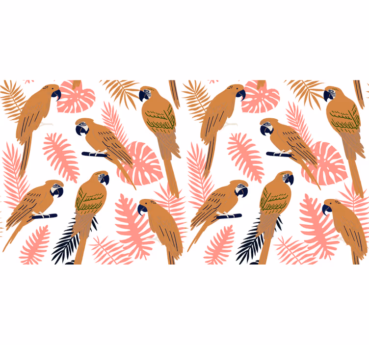 Tapisserie jungle perroquets orange et fleurs roses - TenStickers