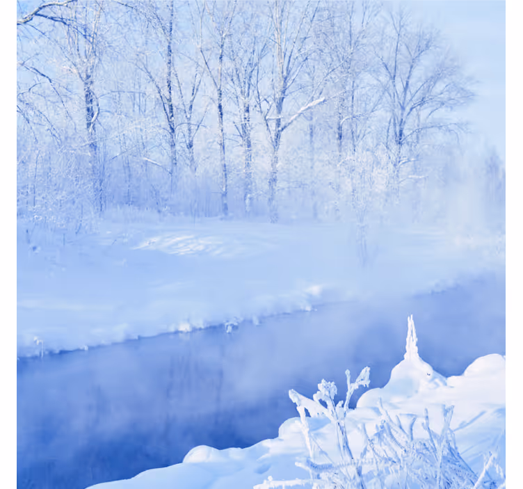 Tapisserie bleu arbres gelés et rivière blanche - TenStickers