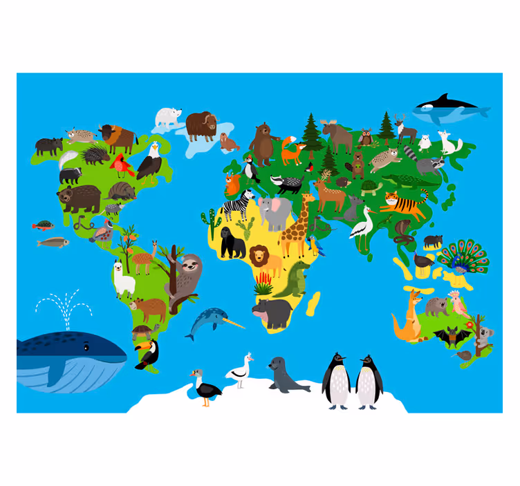 Photo murale enfant Carte du monde avec animaux - TenStickers