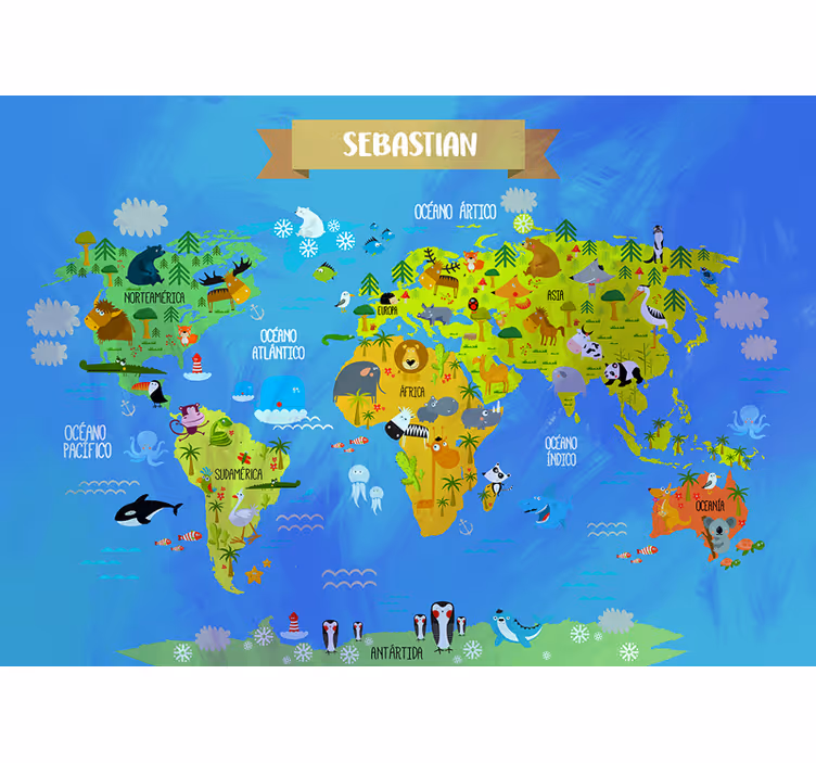 Tapisserie murale map monde avec des animaux - TenStickers